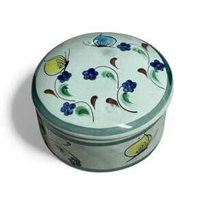 Celadon Floral Motif Ceramic Mexican Folk Art Pottery Trinket Jar